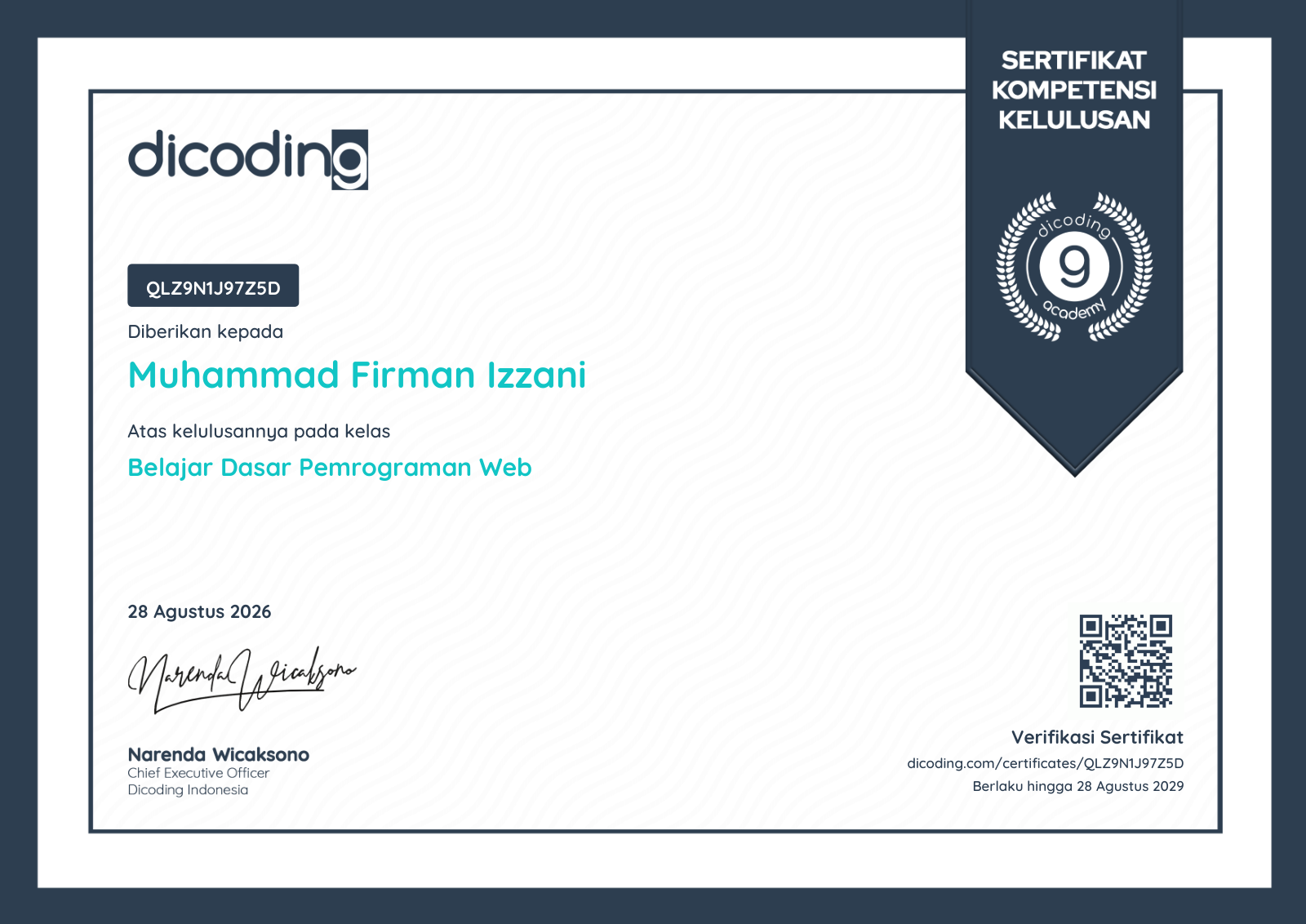 Certificate Belajar Dasar Pemrograman Web