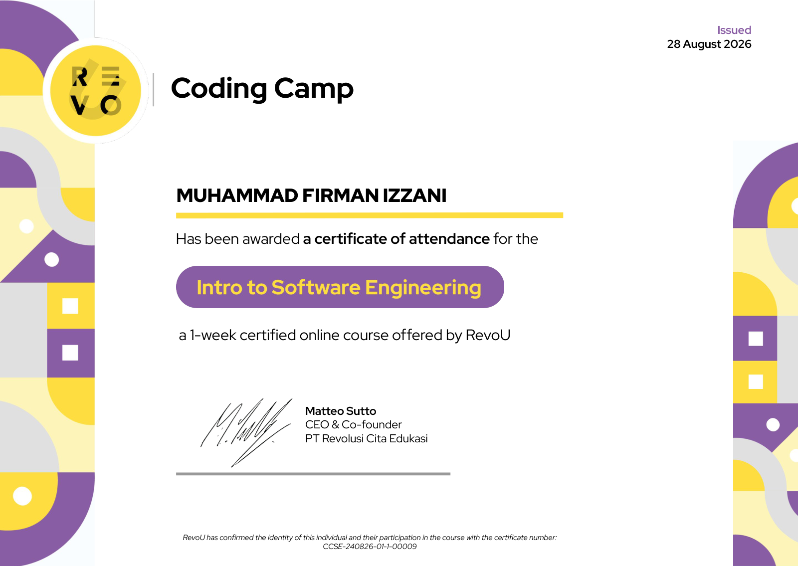 Certificate Intro to Software Engineering