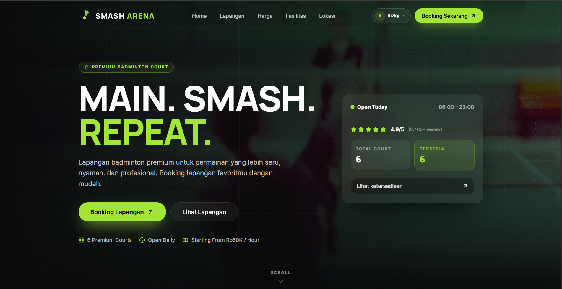 Screenshot Badminton Court Booking Website